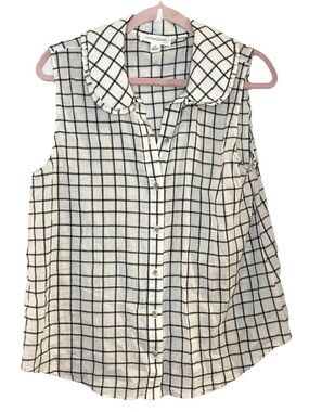 Treasure & Bond Ivory Checkered Button-up Sleeveless Blouse Peter Pan Collar M